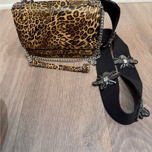 Leopard Print Crossbody Bag with Embellished Black Strap - Gold Hardware